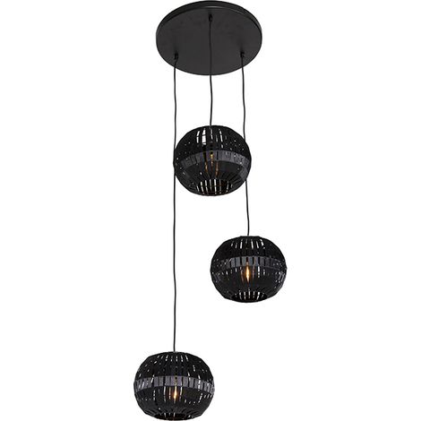 QAZQA Moderno Lámpara colgante moderna negra 3 luces - Zoë Acero /Textil Redonda Adecuado para LED Max. 3 x 40 Watt