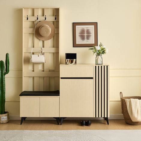 Vestiaire d’entrée avec banc et buffet à chaussures, MDF aspect bois clair, noir, REDOM (1/5)