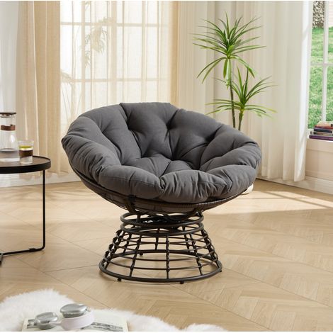 Sillón Papasan giratorio 92x92x67 cm de acero y ratán PE gris para salón - MEUBLIV (1/5)