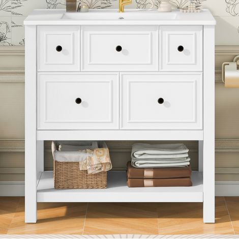 Meuble vasque sur pied blanc avec 5 tiroirs et niches ouvertes, 76x46,5x82 cm (1/5)