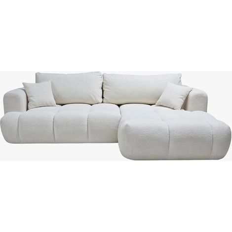Mobilier Deco – Canapé d'angle convertible 5 places en tissu bouclette beige – Méridienne droite – Confort optimal – Design contemporain (1/5)