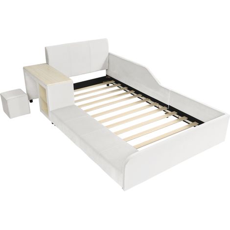Cama infantil 90x200 cm con escritorio, taburete y estantería, terciopelo blanco HOMVRA (1/5)