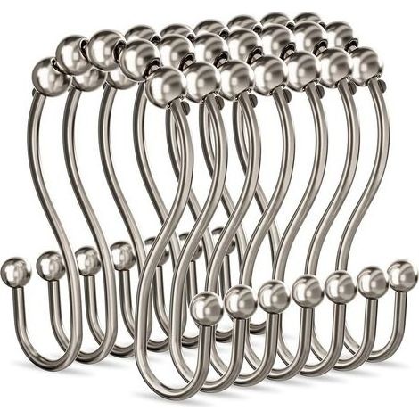 Rostfreie Duschvorhangringe aus Metall mit leichtgängiger Gleitfunktion, doppelte Duschvorhanghaken für Badezimmer, Duschvorhangstange, Küchenutensilien, 12er-Set, Nickel (1/5)