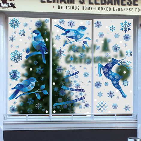 Adorables autocollants statiques pour vitres : pingouins, oiseaux, rennes, Père Noël, flocons de neige. Décorations de Noël pour vitres - [Trois lots] 440+442+443