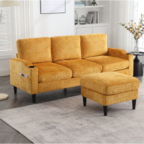 Canapé 4 places en chenille jaune avec pouf, rangements, porte-gobelets et pieds plastique (1/5)