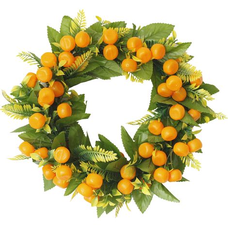 Künstlicher Herbst-Kumquat-Kranz, Tür-/Wanddekoration, Blumenarrangement für Zuhause, Außendurchmesser ca. 35 cm, aus Rattan, Moos und Kunststoff. (1/2)