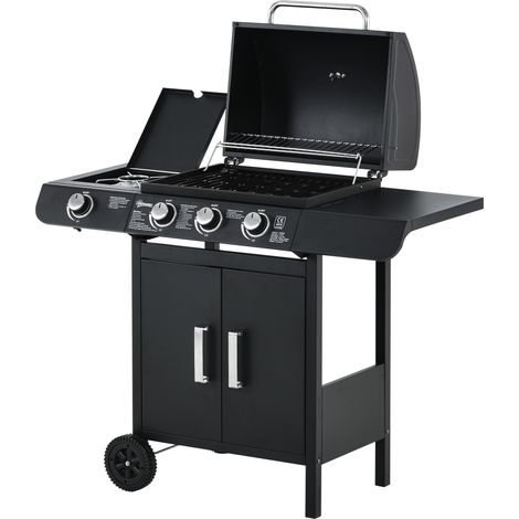 3+1 Burner Gas BBQ Grill, Outdoor Barbecue Trolley with Wheels, Warming Rack, Side Shelves, Cabinet, rmometer for Garden, Party, Camping, 110L x 50W x 100Hcm, Black (1/5)