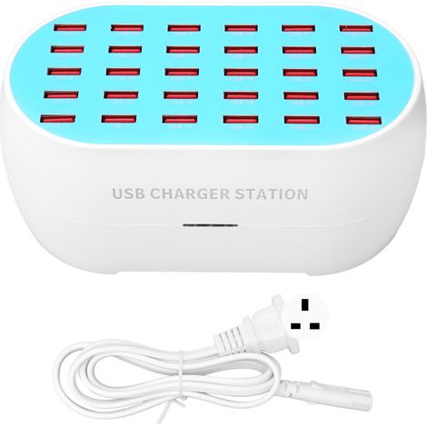 30 Ports Station de Charge USB 160W Reconnaissance Intelligente Chargeur pour Plusieurs Appareils Voyages Rassemblements Écoles Centres Commerciaux Hôtels 100‑240V Prise UK (1/5)