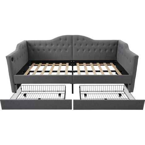Gepolstertes graues Tagesbett aus Leinen 90 x 190 cm mit 2 Schubladen und USB-C-Anschlüssen (1/5)