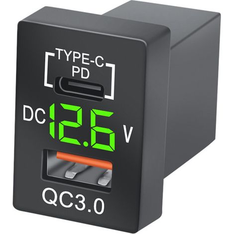 Nuevo cargador USB para coche QC3.0 con enchufe PD y cargador tipo C con voltímetro digital LED verde para carga rápida. (1/4)