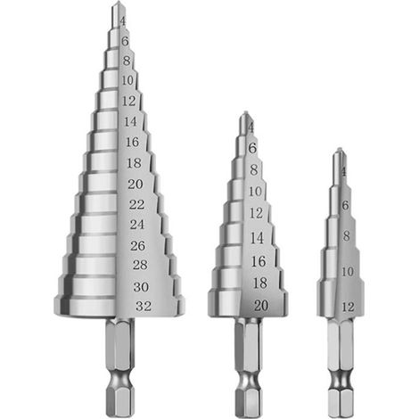 Foret Etagé, Foret Fraise Metal HSS 4PCS 4-12/20/32mm Meche Etage Perceuse Acier Fraise Forage Conique Triangle (1/5)