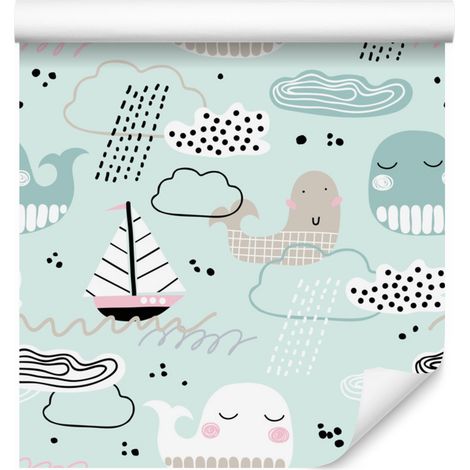Carta da parati con balene, barche, onde e nuvole per soggiorno e camera da letto, 50x1000 cm (1/5)