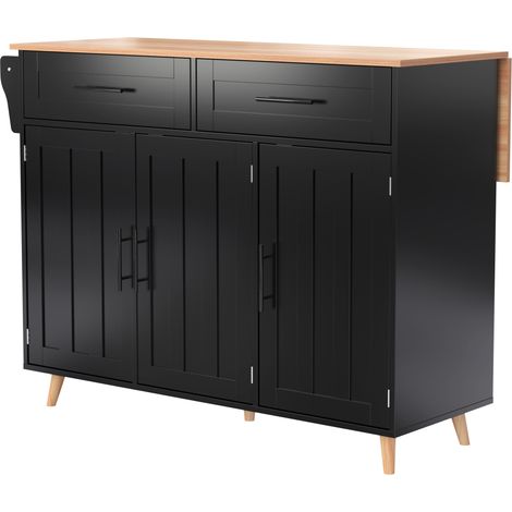 Carro de cocina negro en MDF con encimera abatible, 2 cajones, ruedas, 129 x 46 x 91,5 cm (1/5)