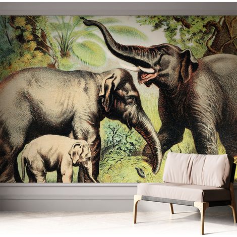 Tapete Selbstklebend - abwaschbar - Tapete mit Motiv - trendige Wanddeko - elegant Fototapete Elefantenfamilie 312x219 cm (1/5)