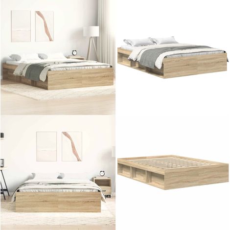 Cadre de lit sans matelas chêne sonoma 140x190 cm - Cadre De Lit - Lit Double - Lit Design - Lit Moderne - Meuble Chambre - Home & Living (1/5)