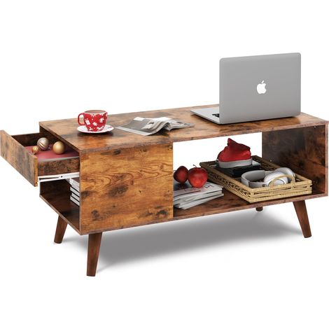 Table basse en bois marron rustique avec tiroirs et rangement, pour salon, canapé ou chambre (1/5)