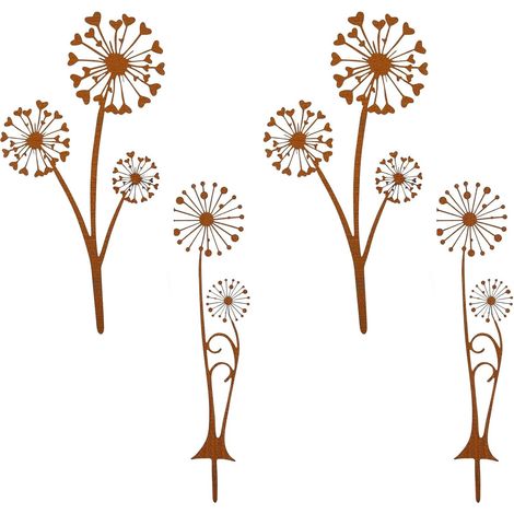 Lot De 4 Piquets Jardin Décoratifs Métal Rouillé, Piquets Pissenlit Métal pour Plate-Bande, Terrasse, Pot De Fleur Et Décoration Jardin Extérieur (1/5)