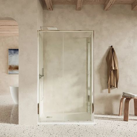 Cabine de douche Slim 90x110cm avec porte coulissante et paroi fixe Profils Ultraslim en aluminium chromé et verre transparent 6mm h190 - Réversible Mod. Portofino (1/4)