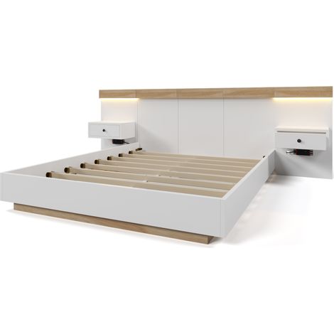 Letto matrimoniale 180x200 cm con 2 comodini LED, USB-C e presa EU, bianco quercia sonoma (1/5)