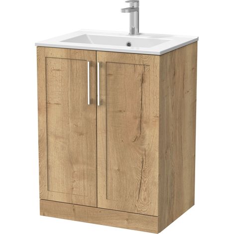 Stonnall Traditional Floor Standing 2 Door Vanity Unit with Minimalist Ceramic Basin, 600mm, Autumn Oak (1/4)