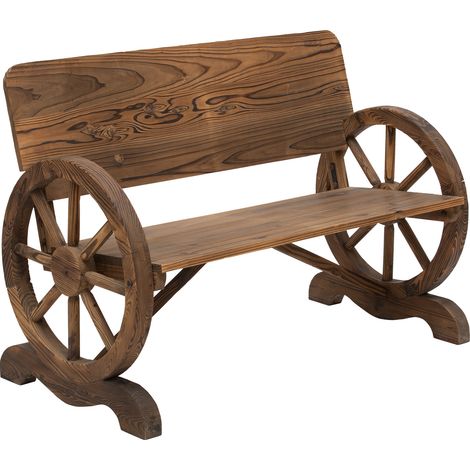 Banc de jardin 2 places en bois massif avec accoudoirs design roue de charrette, 114 x 58 x 80 cm, couleur brune (1/5)
