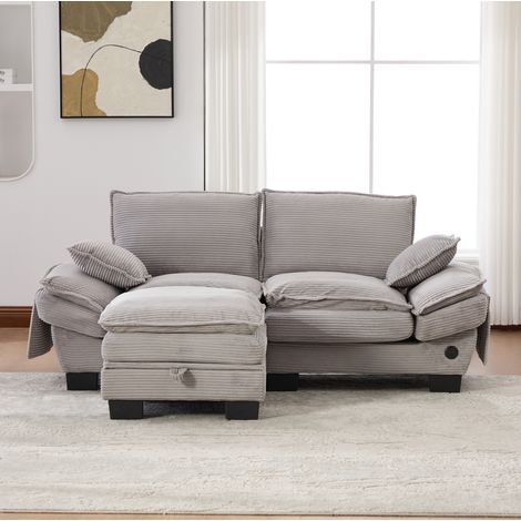 Sofá de 2 plazas (190x132x84 cm), con otomana, asiento ergonómico, corduroy, gris claro (1/5)