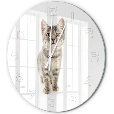 Horloge Murale Ronde Maison et Bureau Verre Trempé Mouvement Silencieux Chat gris fi 60 cm (1/5)