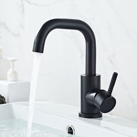 Mitigeur de lavabo noir avec aérateur amovible, pivotant à 360°, mitigeur de salle de bain en laiton, hauteur 201 mm, eau chaude et froide pour lavabos et vasques de salle de bain (1/3)