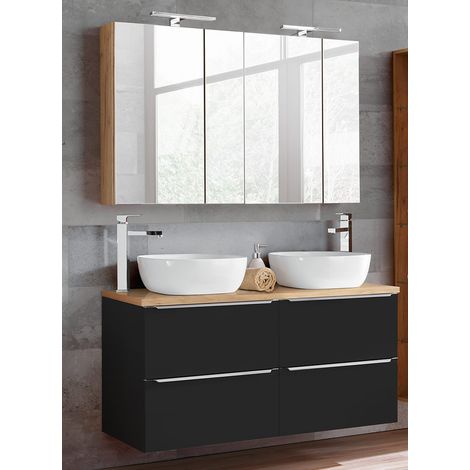 Badezimmer Set seidenmatt anthrazit & Wotaneiche TOSKANA-BLACK-56 121cm Waschtisch inkl. 2 Aufsatzwaschbecken, LED-Spiegelschränke B/H/T ca.: 121/200/46cm (1/5)