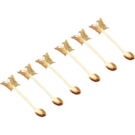 Lot de 6 Cuillères à Café et Dessert Motif Papillon en Acier Inoxydable Doré - PANGIVO (1/3)