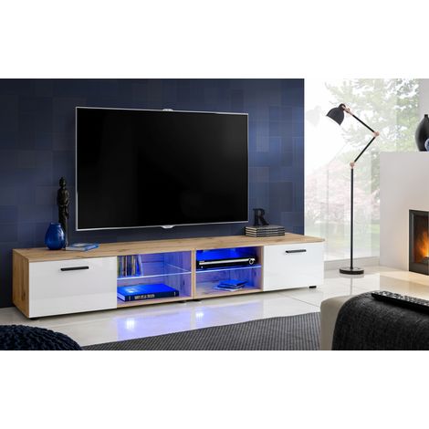Extreme Furniture, Armoire TV T32-200, (LxHxP): 200 x 34,5 x 45, corps en Wotan Mat, Façades en Blanc Brillant, sans LED (1/5)