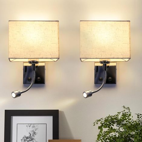 2ER - Applique murale - Lampe de chevet LED - Bras réglable et abat-jour en tissu - Éclairage lecture et indirect pour chambre et hôtel - Blanc - 20x13x15cm
