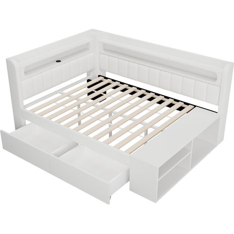 Letto a divano imbottito 90 x 200 cm con USB, LED, 2 cassetti e vani contenitore, bianco MODENUIT (1/5)