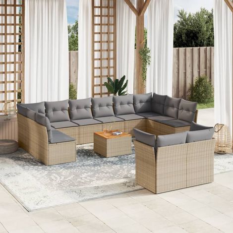 Ensemble de Jardin 13 Pièces Canapés Résine Tressée Beige et Table Acacia avec Coussins Gris Lavables Modulaire et Résistant aux UV Charge 110kg (1/3)