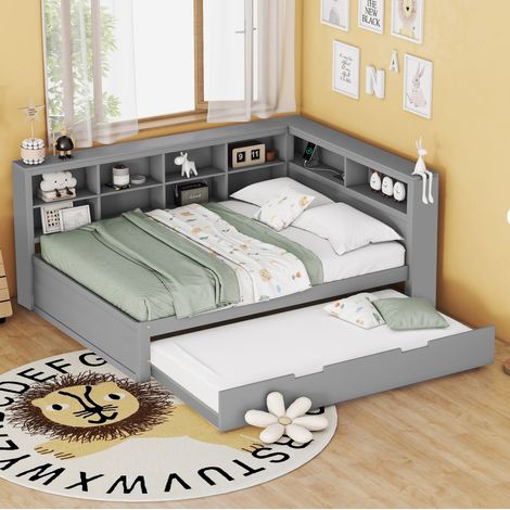 lit 140x200 avec lit tiroir 90x190, USB, bois gris OKMYHOME (1/5)