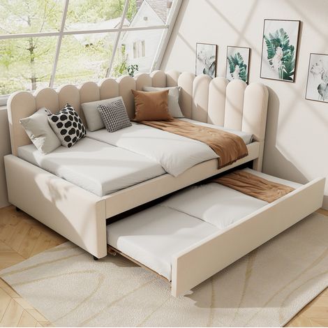 Sofá cama tapizado de terciopelo beige 140x200 cm con cama nido extraíble, diseño en L y somier de láminas (1/5)