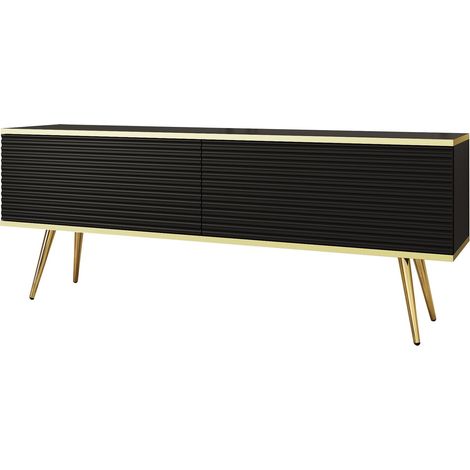 Meuble TV Avec Lamelles Noir, pieds Or, 135 x 32 x 53 cm, Push to Open (1/5)