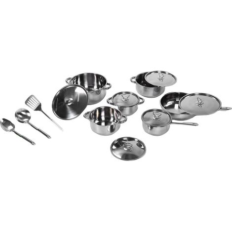 Batterie de cuisine en acier inoxydable : 4 casseroles, 2 poêles, 1 spatule, 1 cuillère. Idéale pour cuisiner à la maison. (1/5)
