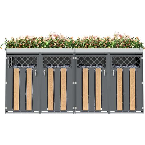 Cache-poubelle extérieur 132x80x124,5cm verrouillable, uatre portes, rangements, aération losange et espace plantation intégré - Gris, Bois