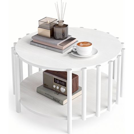 Table basse ronde minimaliste en bois, 2 étagères latérales de rangement pour salon, décoration maison (1/5)