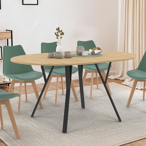 Mesa de comedor redonda extensible YSEULT 4-8 personas madera y negro diseño industrial 110-150 cm