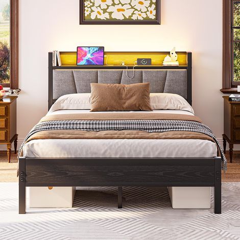 Lit adulte avec éclairage LED intelligent et ports USB, structure métallique, noir - 140 x 190 cm (1/5)