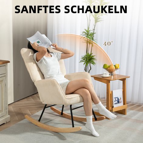 Fauteuil rocking rétro, lames courbées, assise rembourrée épaisse, hêtre et métal, beige (1/4)