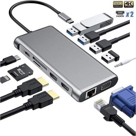 (12 in 1-Gray)HUB USB C, Adapter 12 in 1 with Dual 4K-HDMI, VGA, USB 3.0, USB 2.0, Port PD, Ethernet RJ45, Reading Card SD/TF, TO THE 3,5mm (1/4)