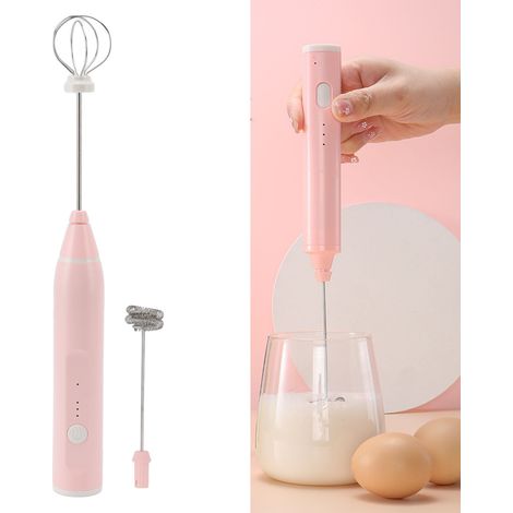 Batteur à œufs électrique, mousseur à lait sans fil, mousseur à lait/café électrique USB multifonction à double tête, rose. (1/5)