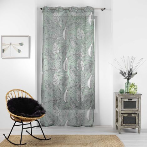 Douceur D'Intérieur – Voilage MAJOLICA à œillets 140 x 240 cm – Voile sablé imprimé menthe – Imprimé fleuri gris – Lavable en machine (1/3)