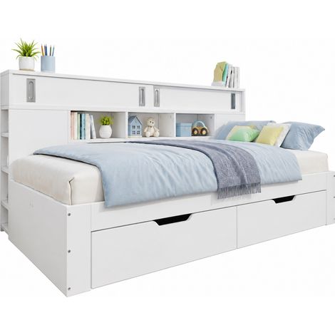 Lit enfant multifonctionnel 90 x 190 cm avec tiroirs, étagères, portes coulissantes et sommier à lattes, blanc, pour chambre et petit espace - CHICFURN (1/5)