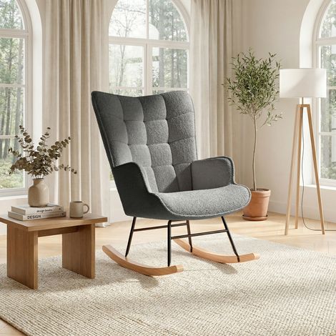 Rocking chair, fauteuil à bascule, chaise allaitement, confortable, relaxant, dossier haut, pieds en bois massif, mousse haute densité, flanelle - Gris Foncé