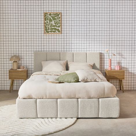 Lit coffre double avec sommier à lattes et tête de lit blanc 160 x 200 cm bouclette texturée - Lex
