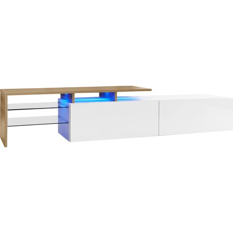 Meuble TV moderne en bois stratifié blanc et bois avec étagères en verre et éclairage LED (1/5)